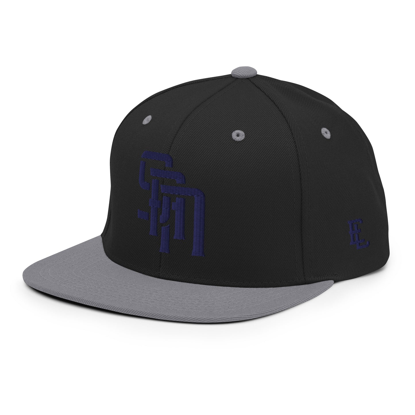 "SAN" Wool Blend Snapback Hat | Yupoong 6089M | E Luna Brand ESSENTIAL Duocrest 2 Navy Thread Logos: Front & Left