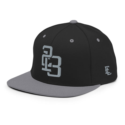 "213" Wool Blend Snapback Hat | Yupoong 6089M | E Luna SELECT Tricrest 3 Grey Thread Front, Left Side & Back Logos
