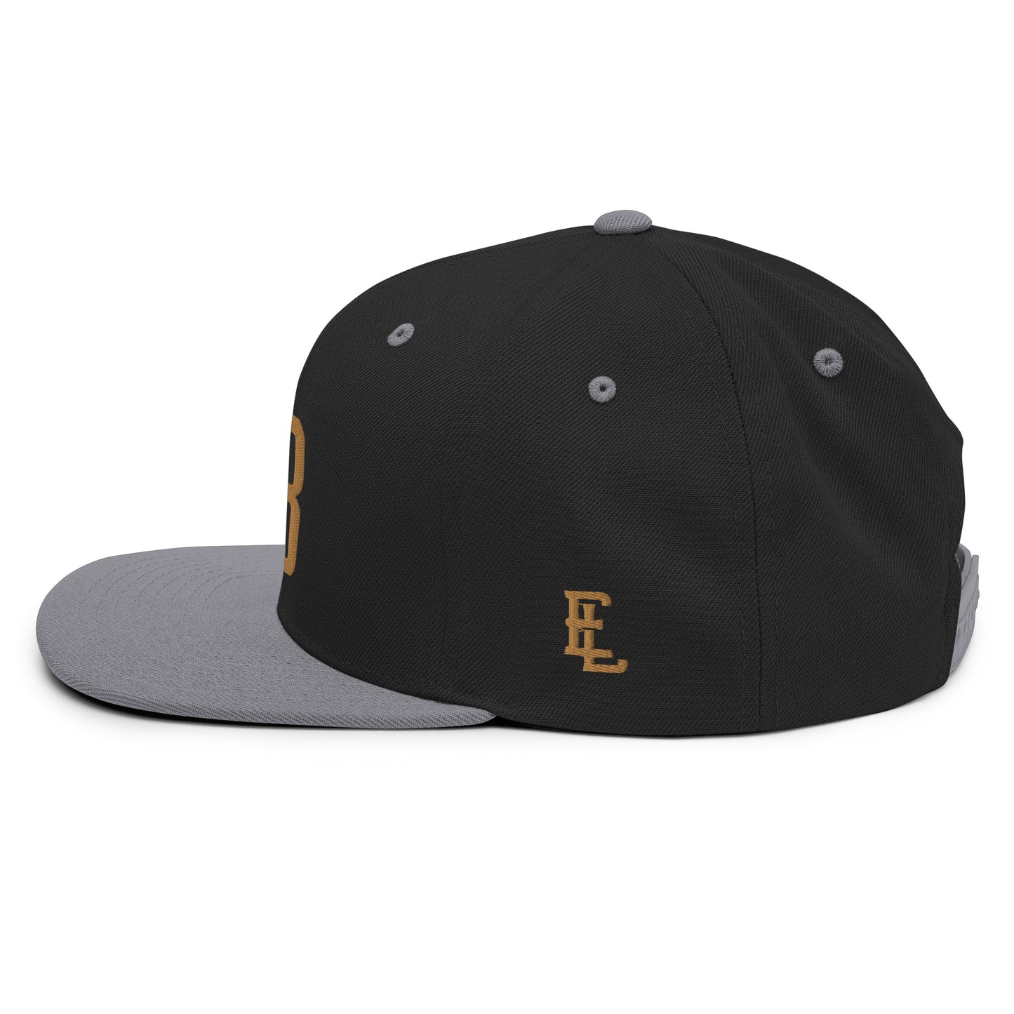 "213" Wool Blend Snapback Hat | Yupoong 6089M | E Luna ESSENTIAL Duocrest 2 Old Gold Thread Front & Left Side Logos