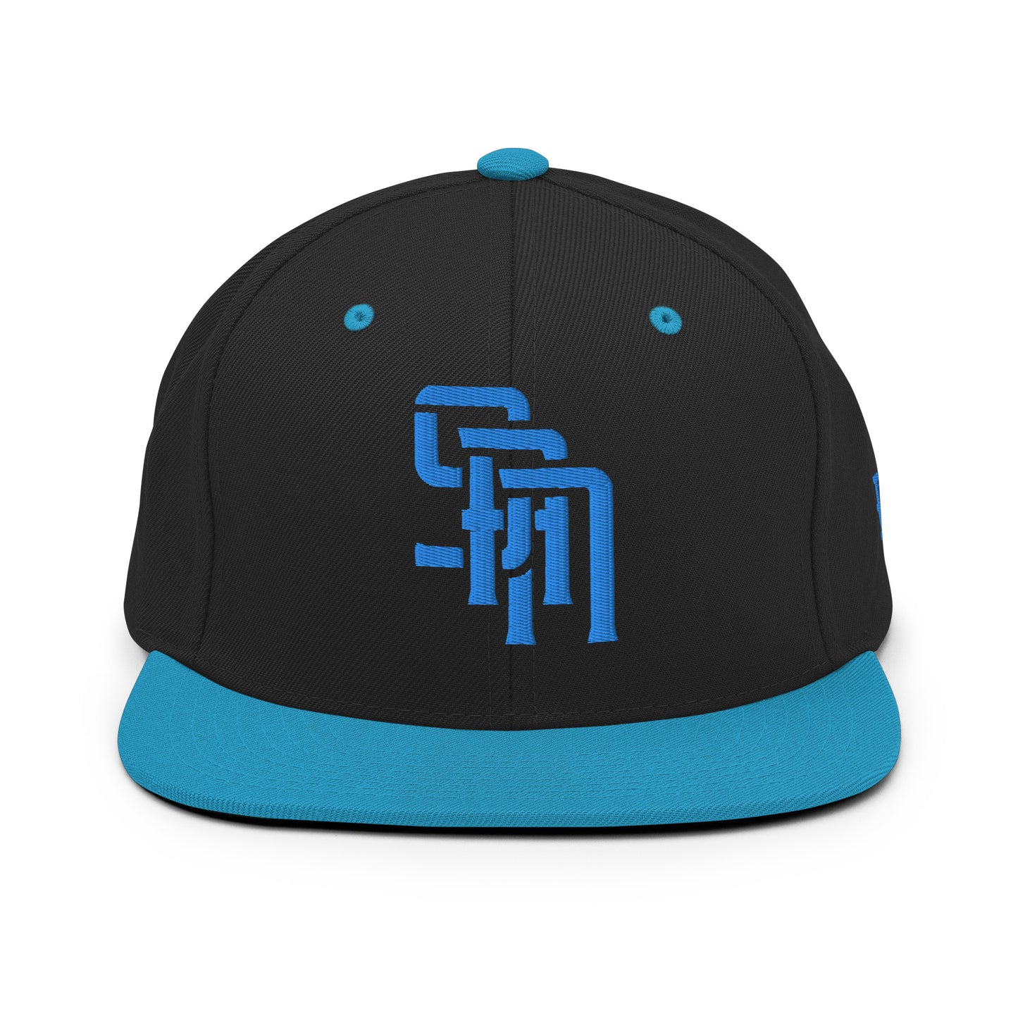 "SAN" Wool Blend Snapback Hat | Yupoong 6089M | E Luna Brand ESSENTIAL Duocrest 2 Aqua/Teal Thread Logos: Front & Left