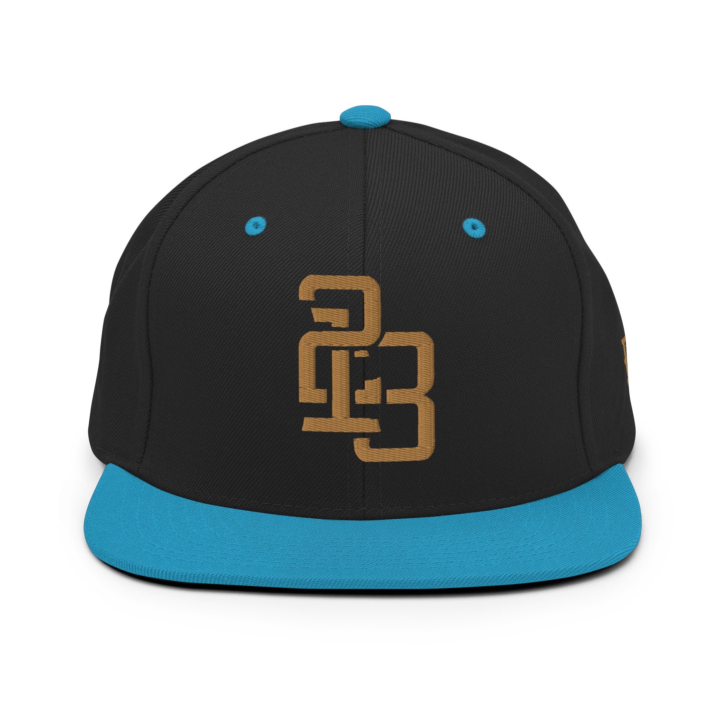 "213" Wool Blend Snapback Hat | Yupoong 6089M | E Luna ESSENTIAL Duocrest 2 Old Gold Thread Front & Left Side Logos