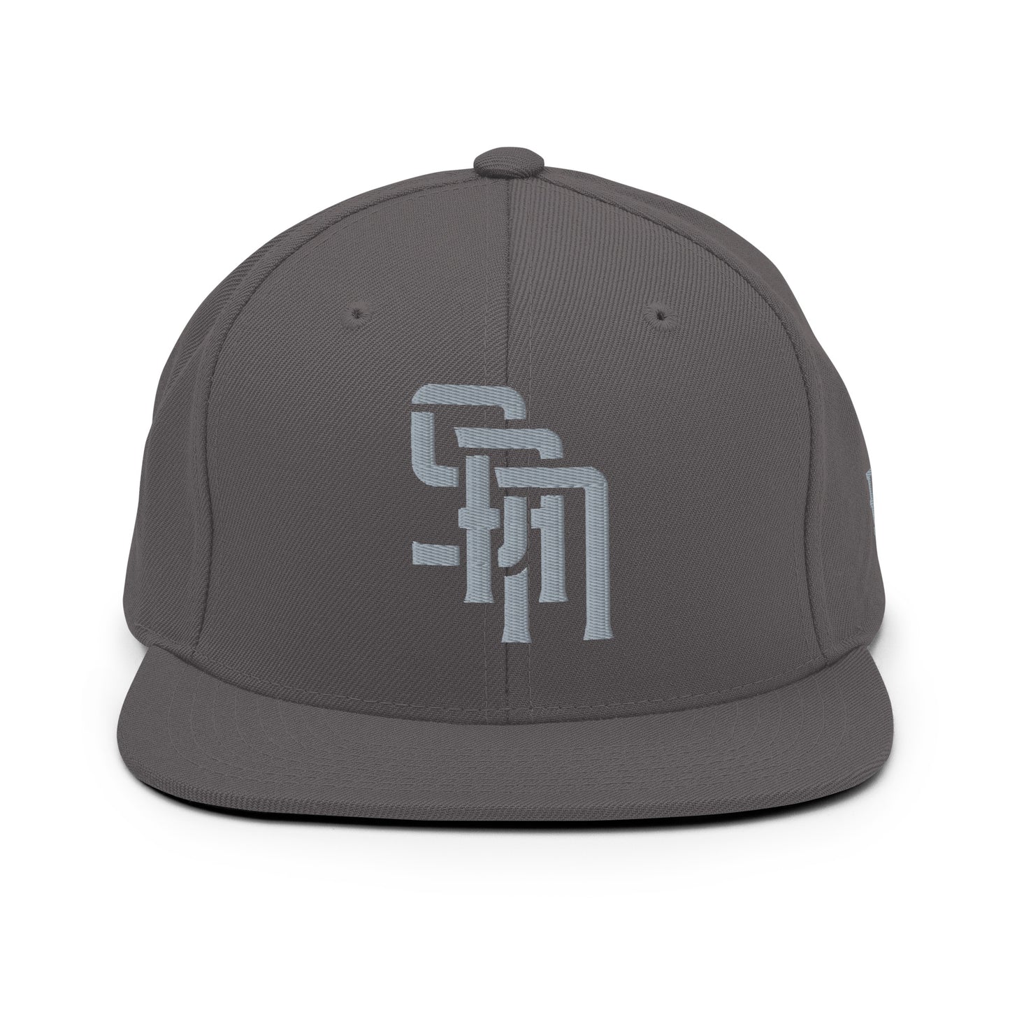 "SAN" Wool Blend Snapback Hat | Yupoong 6089M | E Luna Brand ESSENTIAL Duocrest 2 Grey Thread Logos: Front & Left