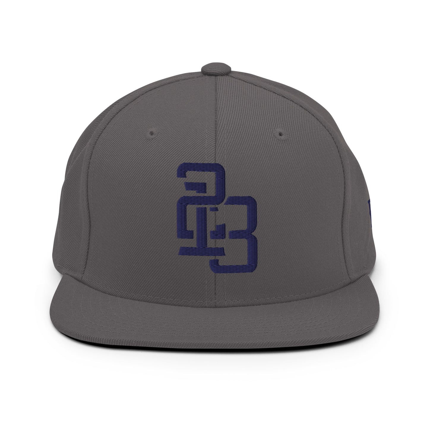 "213" Wool Blend Snapback Hat | Yupoong 6089M | E Luna ESSENTIAL Duocrest 2 Navy Thread Front & Left Side Logos