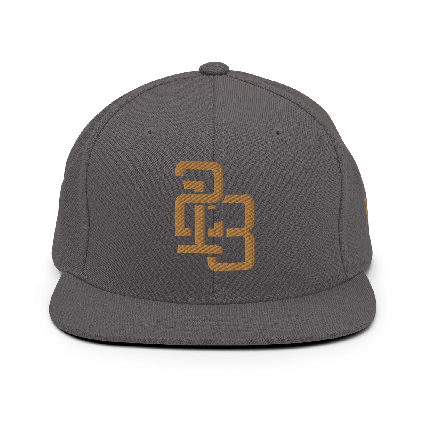 "213" Wool Blend Snapback Hat | Yupoong 6089M | E Luna ESSENTIAL Duocrest 2 Old Gold Thread Front & Left Side Logos