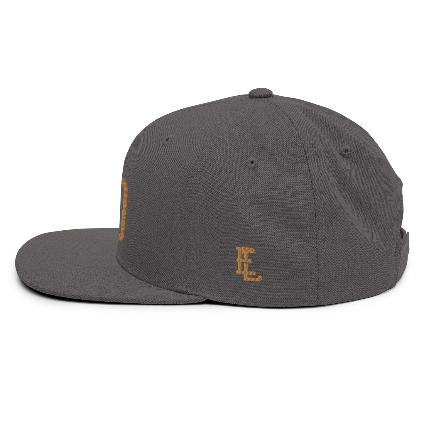 "DGO" Wool Blend Snapback Hat | Yupoong 6089M | E Luna Brand ESSENTIAL Duocrest 2 Old Gold Thread Logos: Front & Left
