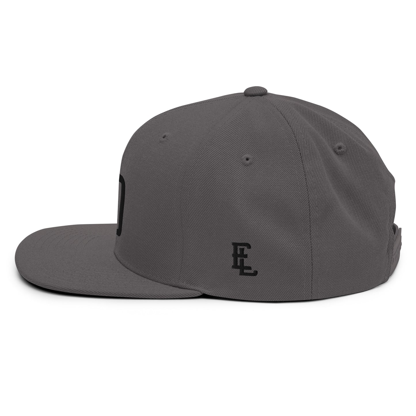"DGO" Wool Blend Snapback Hat | Yupoong 6089M | E Luna Brand ESSENTIAL Duocrest 2 Black Thread Logos: Front & Left