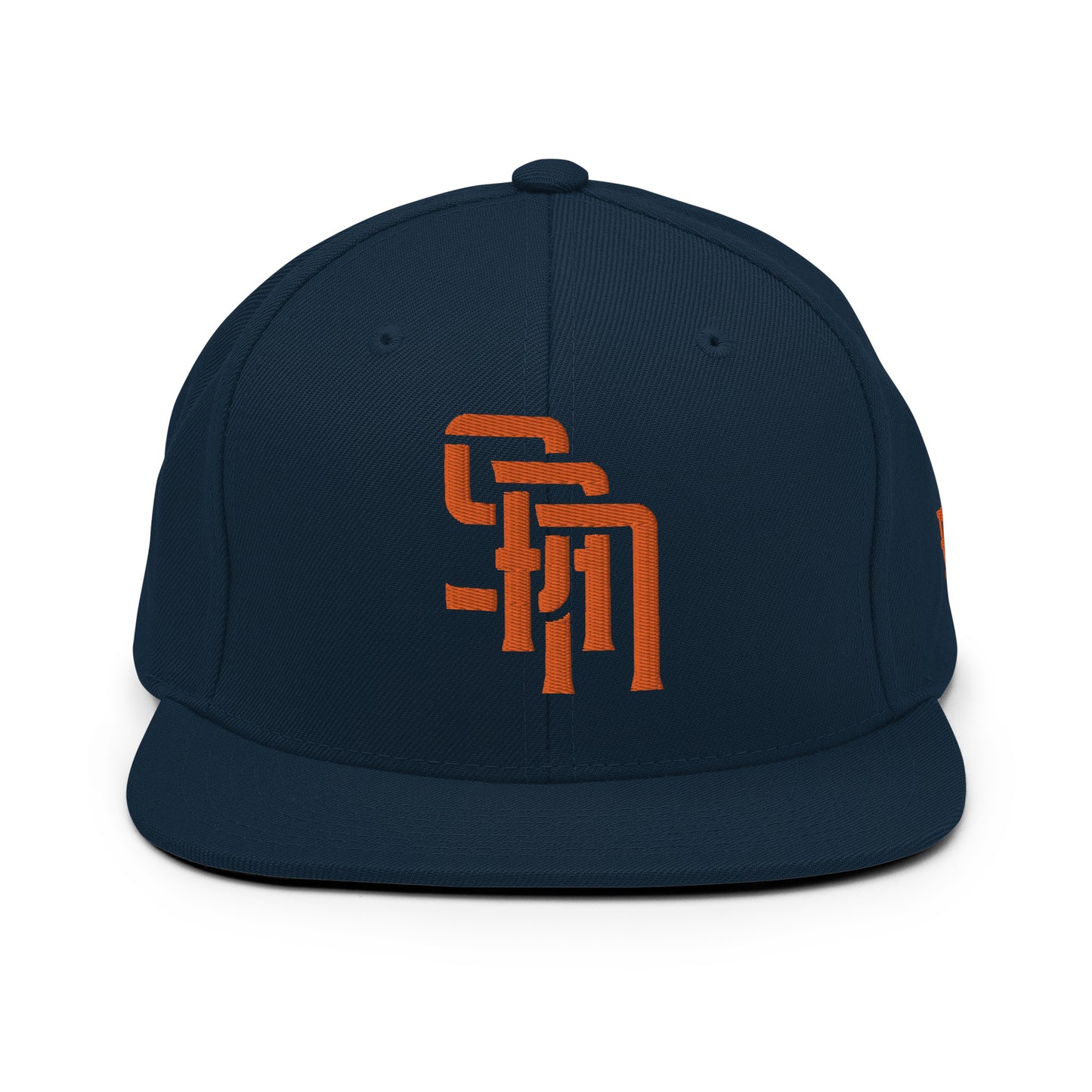 "SAN" Wool Blend Snapback Hat | Yupoong 6089M | E Luna Brand ESSENTIAL Duocrest 2 Orange Thread Logos: Front & Left