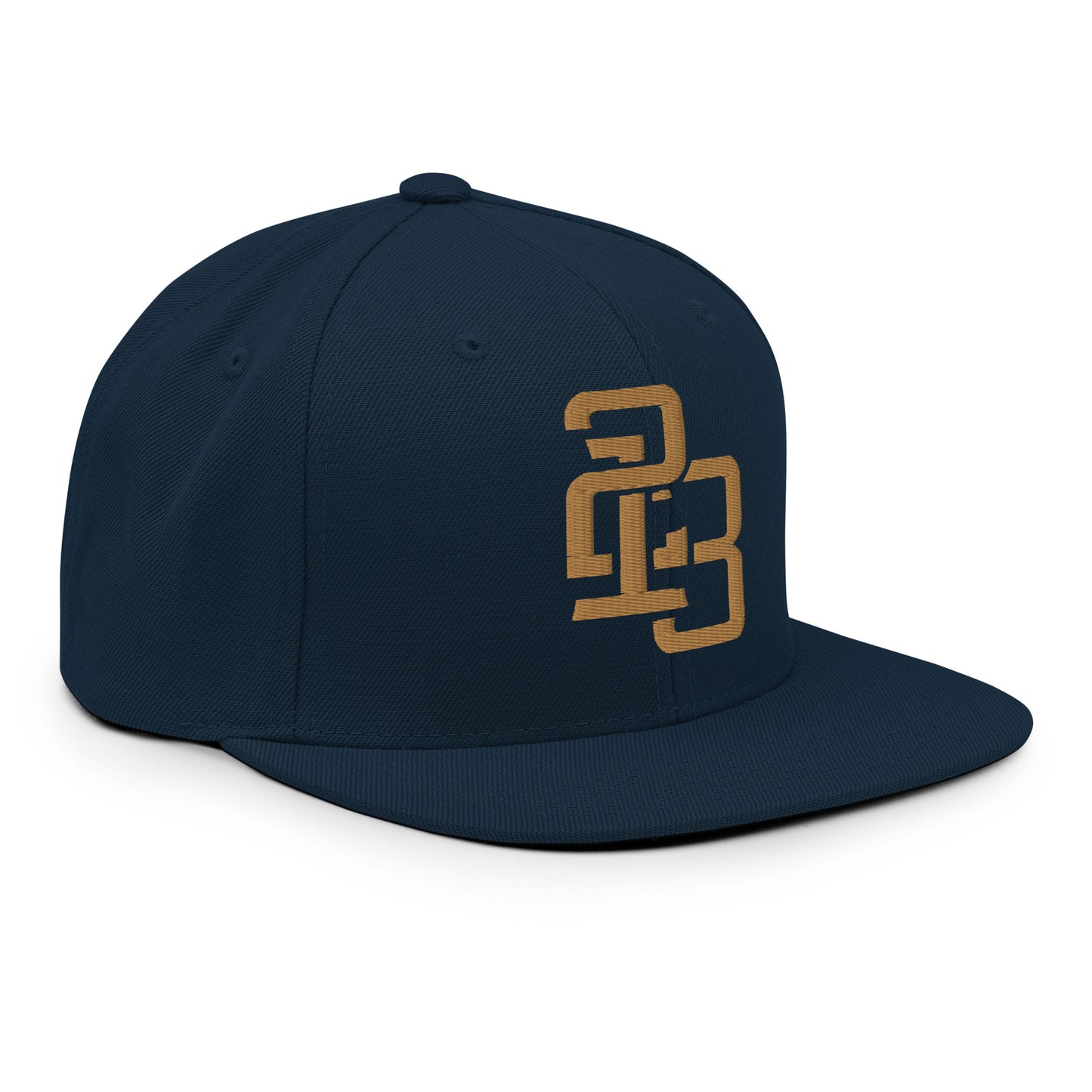 "213" Wool Blend Snapback Hat | Yupoong 6089M | E Luna ESSENTIAL Duocrest 2 Old Gold Thread Front & Left Side Logos