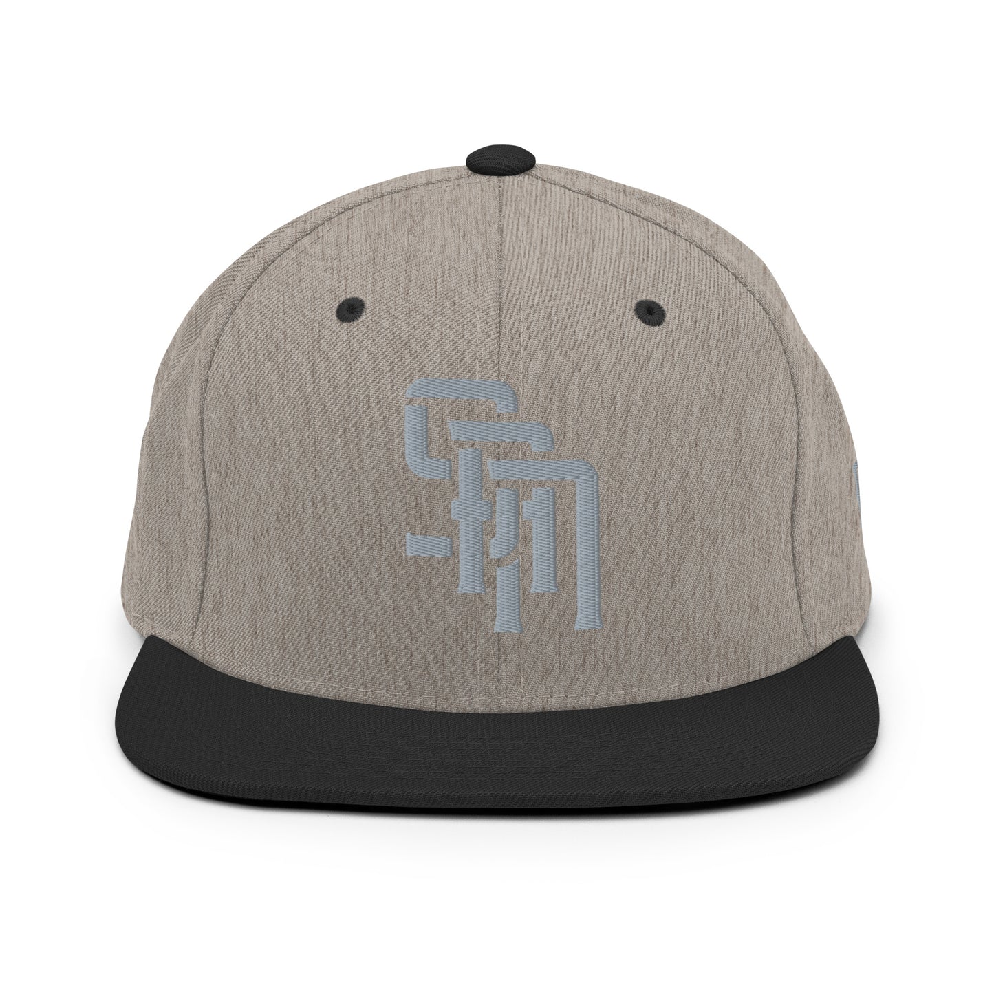"SAN" Wool Blend Snapback Hat | Yupoong 6089M | E Luna Brand ESSENTIAL Duocrest 2 Grey Thread Logos: Front & Left