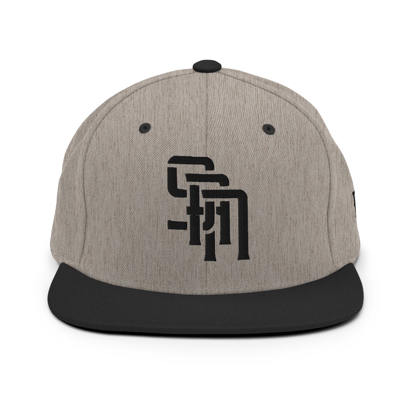 "SAN" Wool Blend Snapback Hat | Yupoong 6089M | E Luna Brand ESSENTIAL Duocrest 2 Black Thread Logos: Front & Left