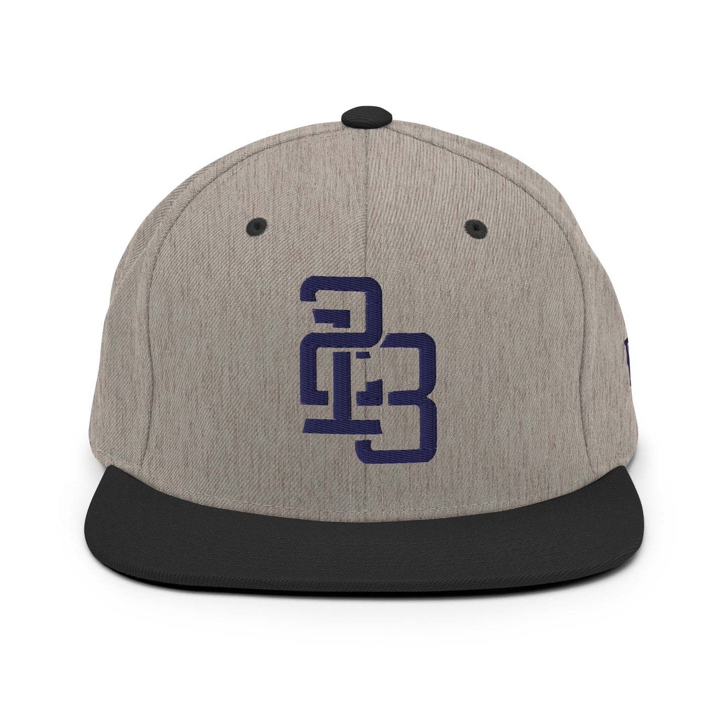 "213" Wool Blend Snapback Hat | Yupoong 6089M | E Luna ESSENTIAL Duocrest 2 Navy Thread Front & Left Side Logos