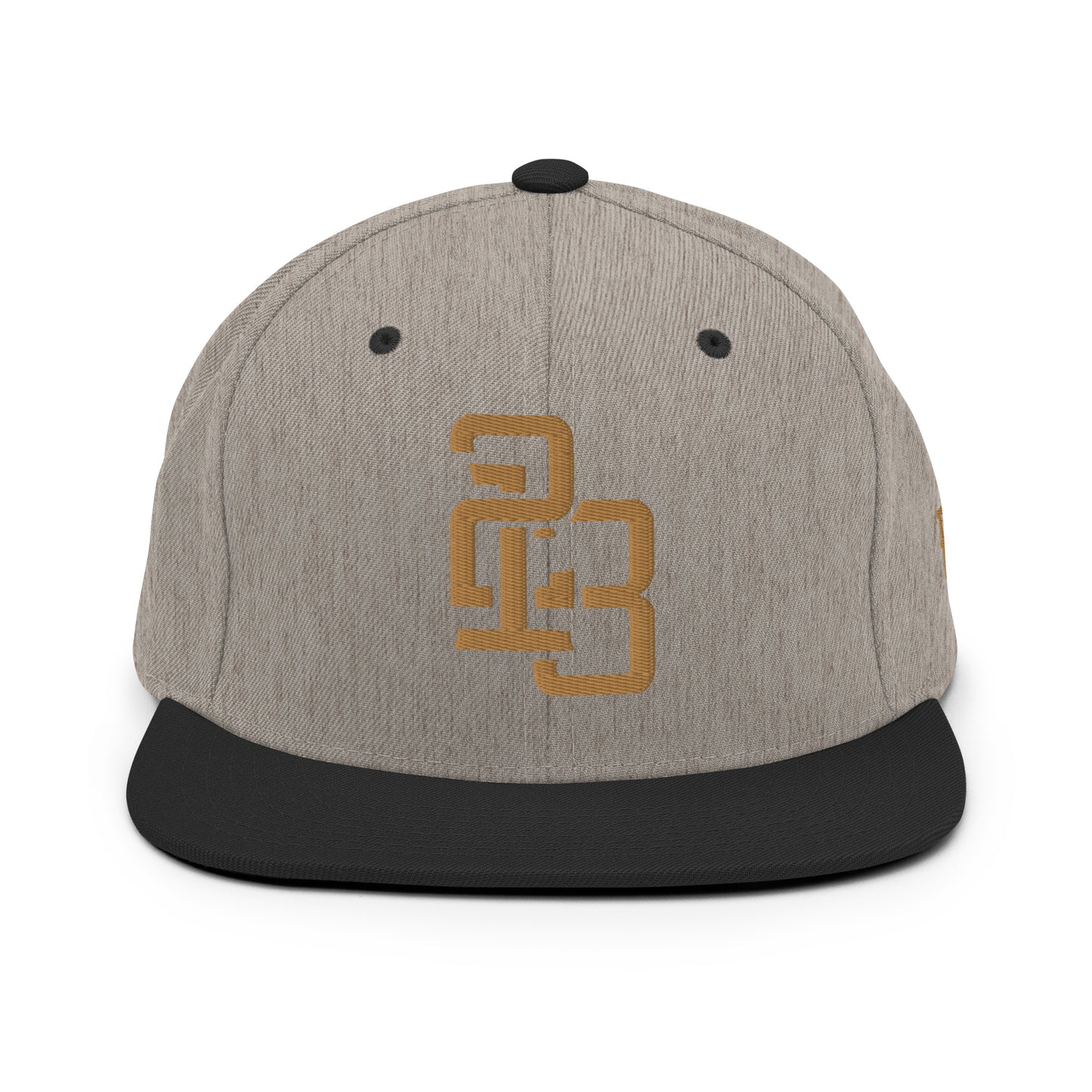 "213" Wool Blend Snapback Hat | Yupoong 6089M | E Luna ESSENTIAL Duocrest 2 Old Gold Thread Front & Left Side Logos