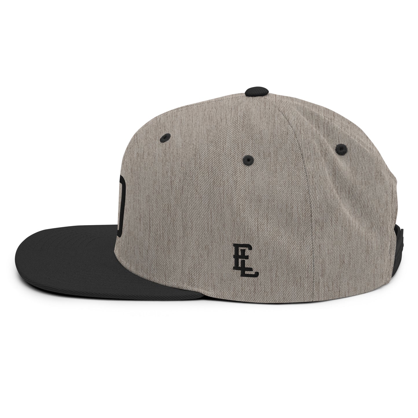 "DGO" Wool Blend Snapback Hat | Yupoong 6089M | E Luna Brand ESSENTIAL Duocrest 2 Black Thread Logos: Front & Left