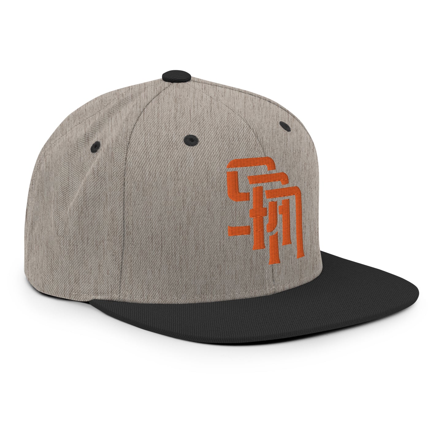 "SAN" Wool Blend Snapback Hat | Yupoong 6089M | E Luna Brand ESSENTIAL Duocrest 2 Orange Thread Logos: Front & Left