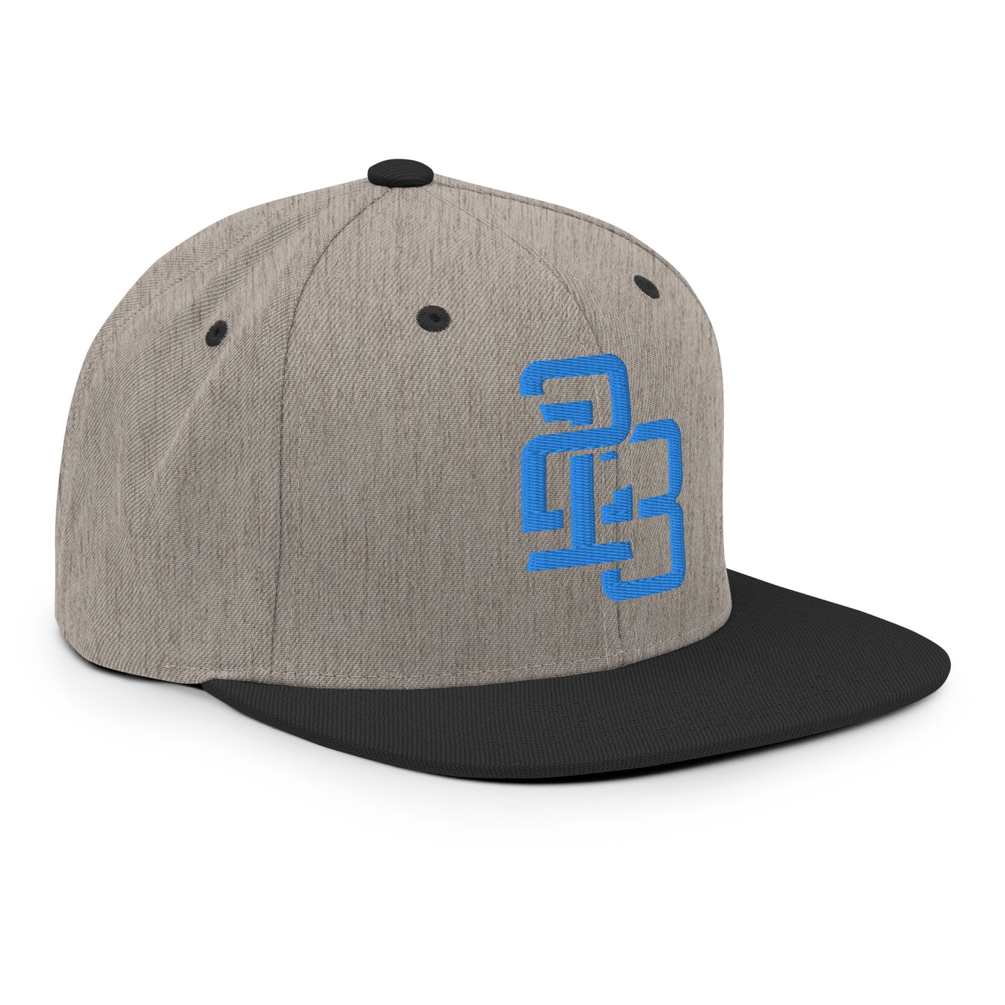 "213" Wool Blend Snapback Hat | Yupoong 6089M | E Luna SELECT Tricrest 3 Aqua/Teal Thread Front, Left Side & Back Logos