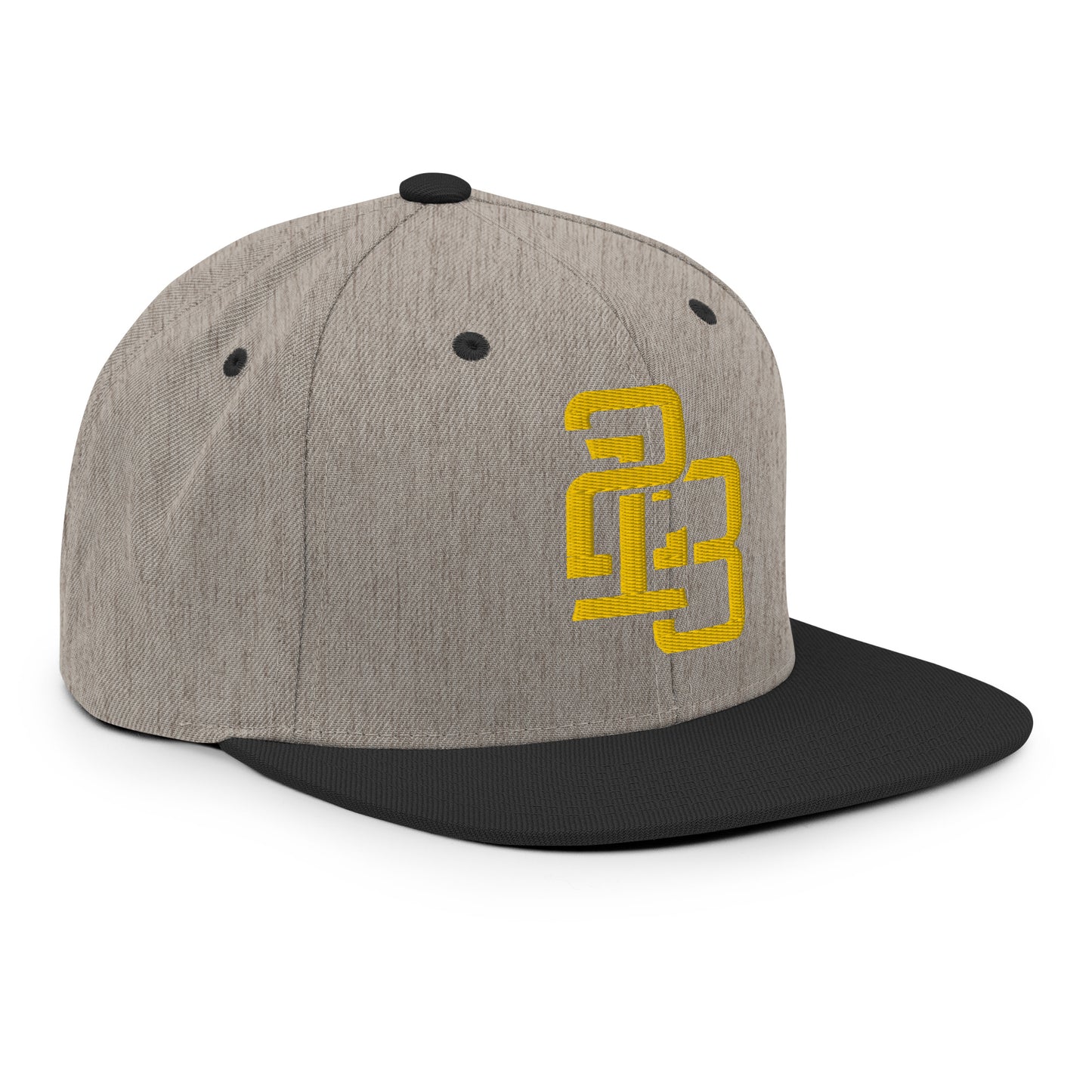 "213" Wool Blend Snapback Hat | Yupoong 6089M | E Luna SELECT Tricrest 3 Gold Thread Front, Left Side & Back Logos