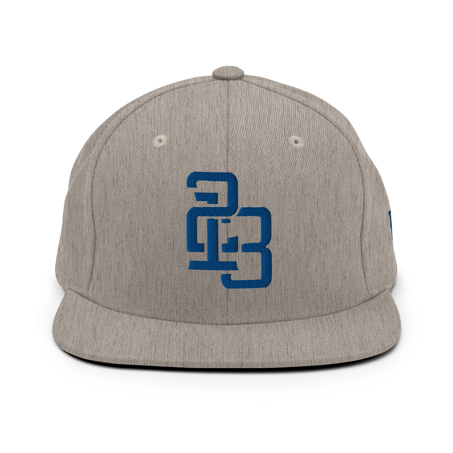 "213" Wool Blend Snapback Hat | Yupoong 6089M | E Luna ESSENTIAL Duocrest 2 Royal Thread Front & Left Side Logos