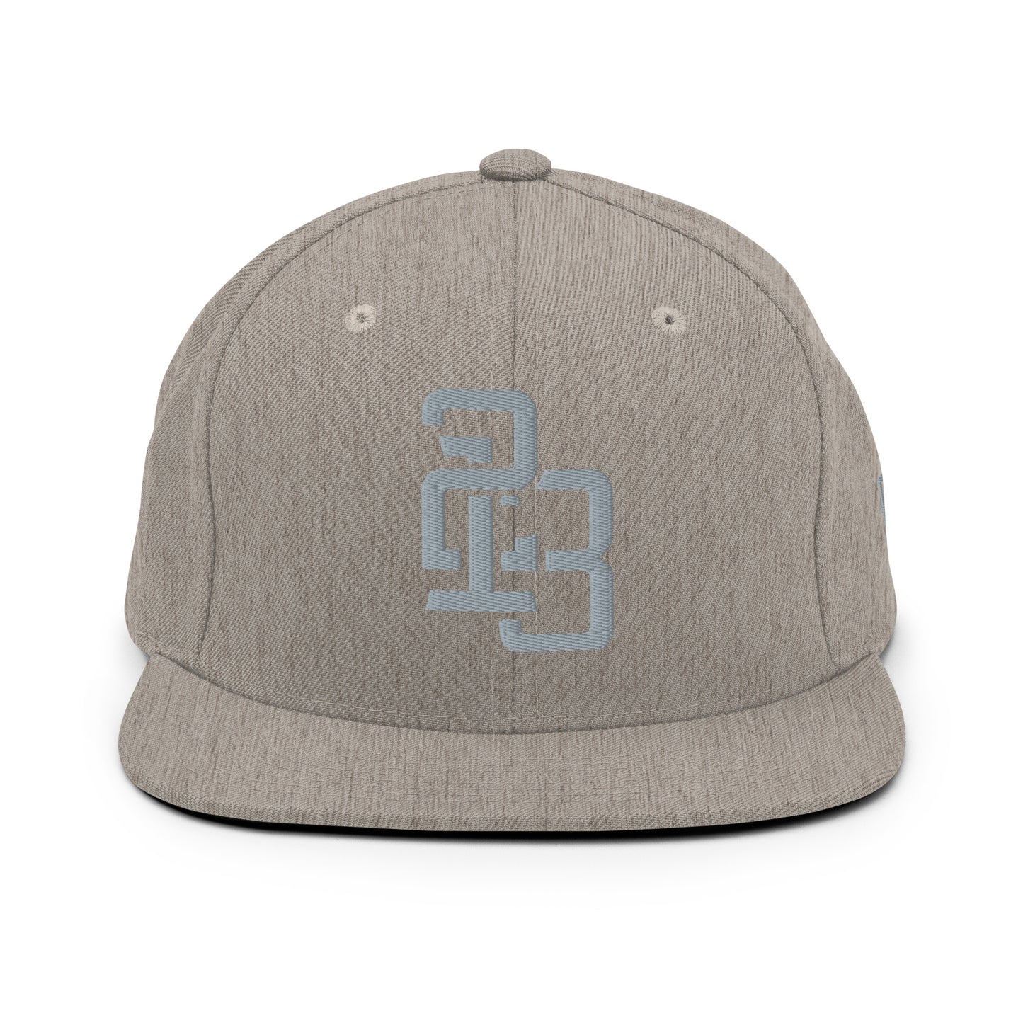 "213" Wool Blend Snapback Hat | Yupoong 6089M | E Luna ESSENTIAL Duocrest 2 Grey Thread Front & Left Side Logos