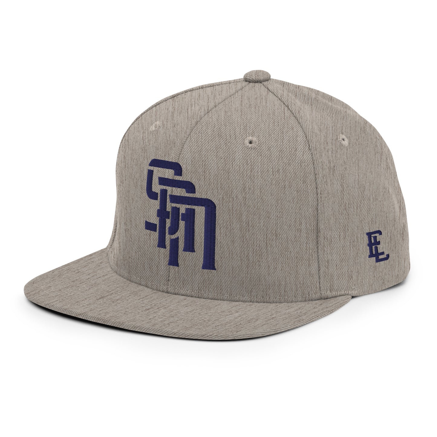 "SAN" Wool Blend Snapback Hat | Yupoong 6089M | E Luna Brand ESSENTIAL Duocrest 2 Navy Thread Logos: Front & Left