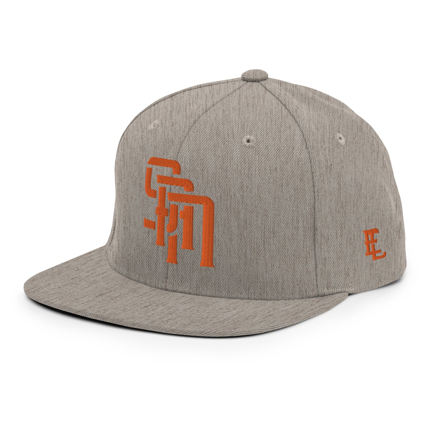 "SAN" Wool Blend Snapback Hat | Yupoong 6089M | E Luna Brand ESSENTIAL Duocrest 2 Orange Thread Logos: Front & Left