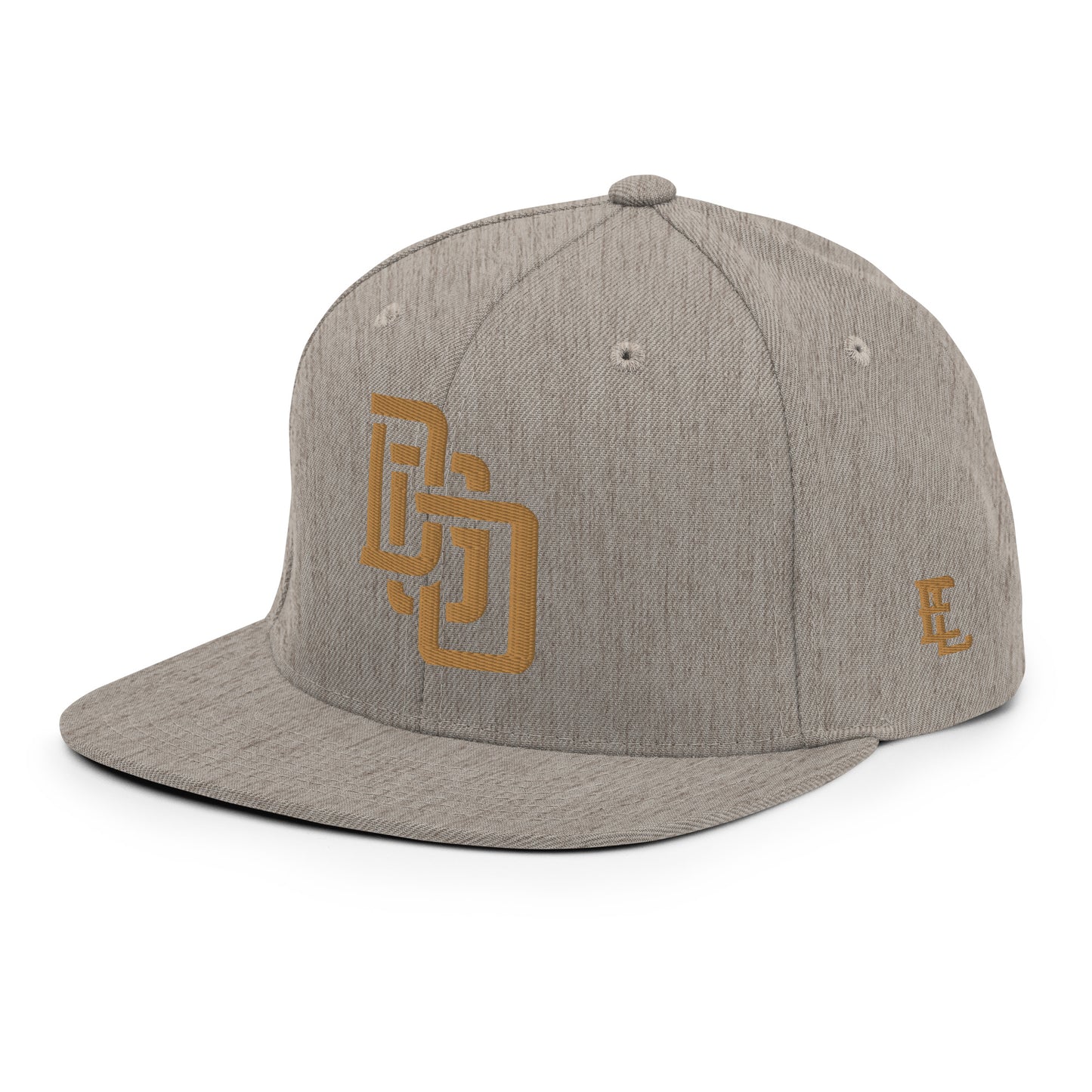 "DGO" Wool Blend Snapback Hat | Yupoong 6089M | E Luna Brand ESSENTIAL Duocrest 2 Old Gold Thread Logos: Front & Left