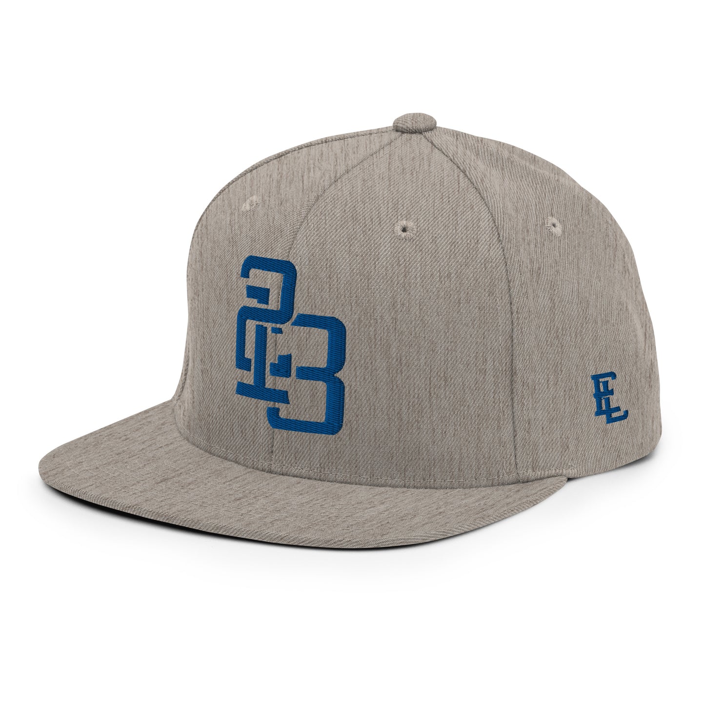 "213" Wool Blend Snapback Hat | Yupoong 6089M | E Luna ESSENTIAL Duocrest 2 Royal Thread Front & Left Side Logos