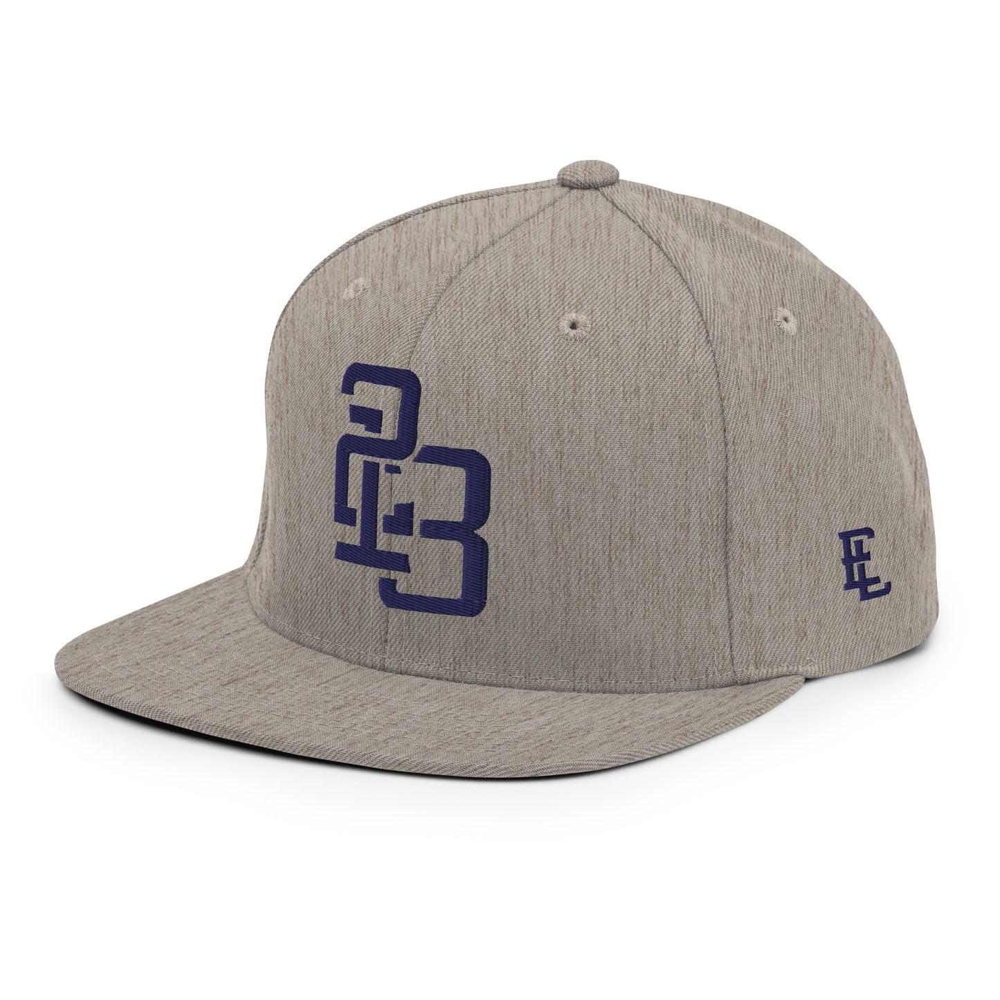 "213" Wool Blend Snapback Hat | Yupoong 6089M | E Luna SELECT Tricrest 3 Navy Thread Front, Left Side & Back Logos
