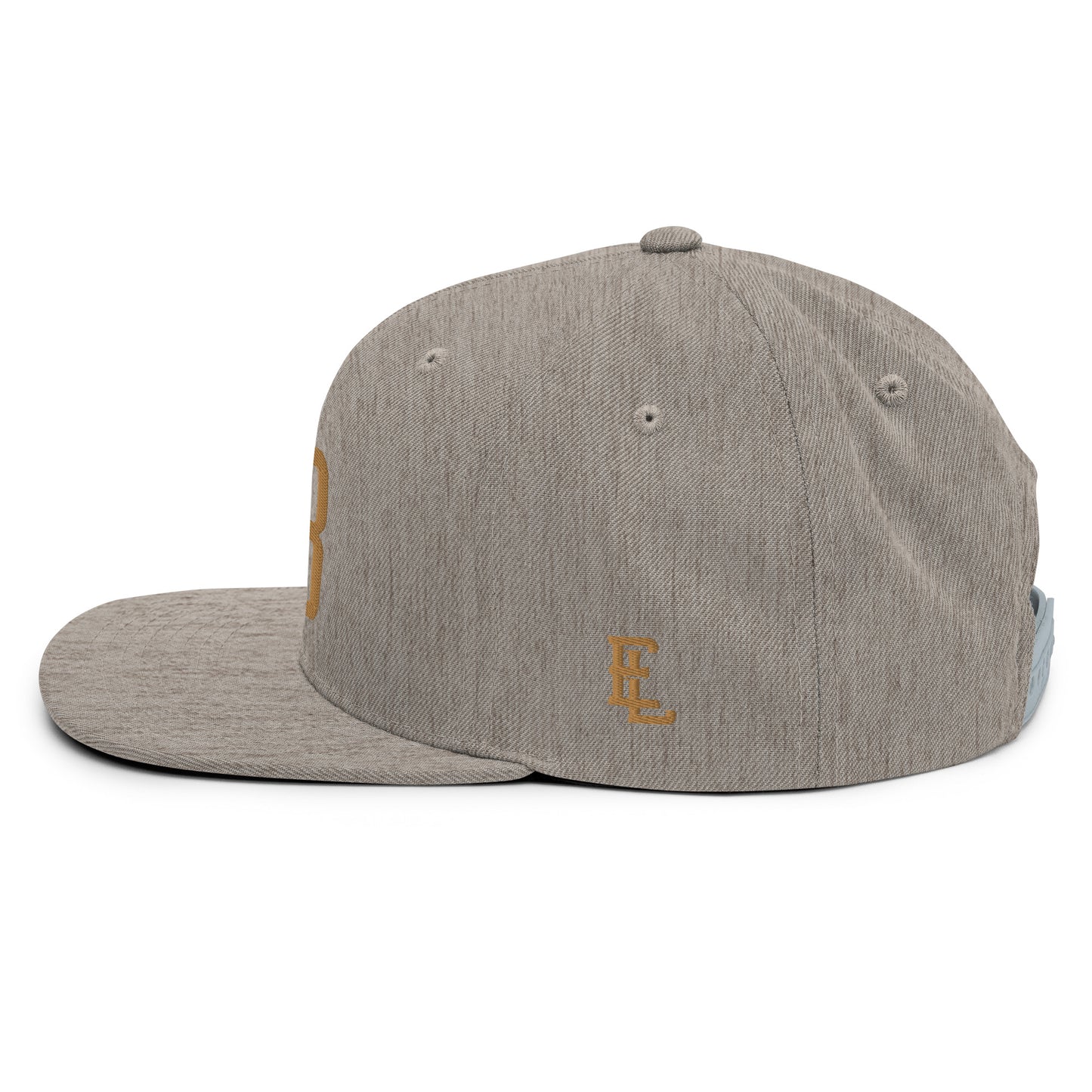 "213" Wool Blend Snapback Hat | Yupoong 6089M | E Luna ESSENTIAL Duocrest 2 Old Gold Thread Front & Left Side Logos