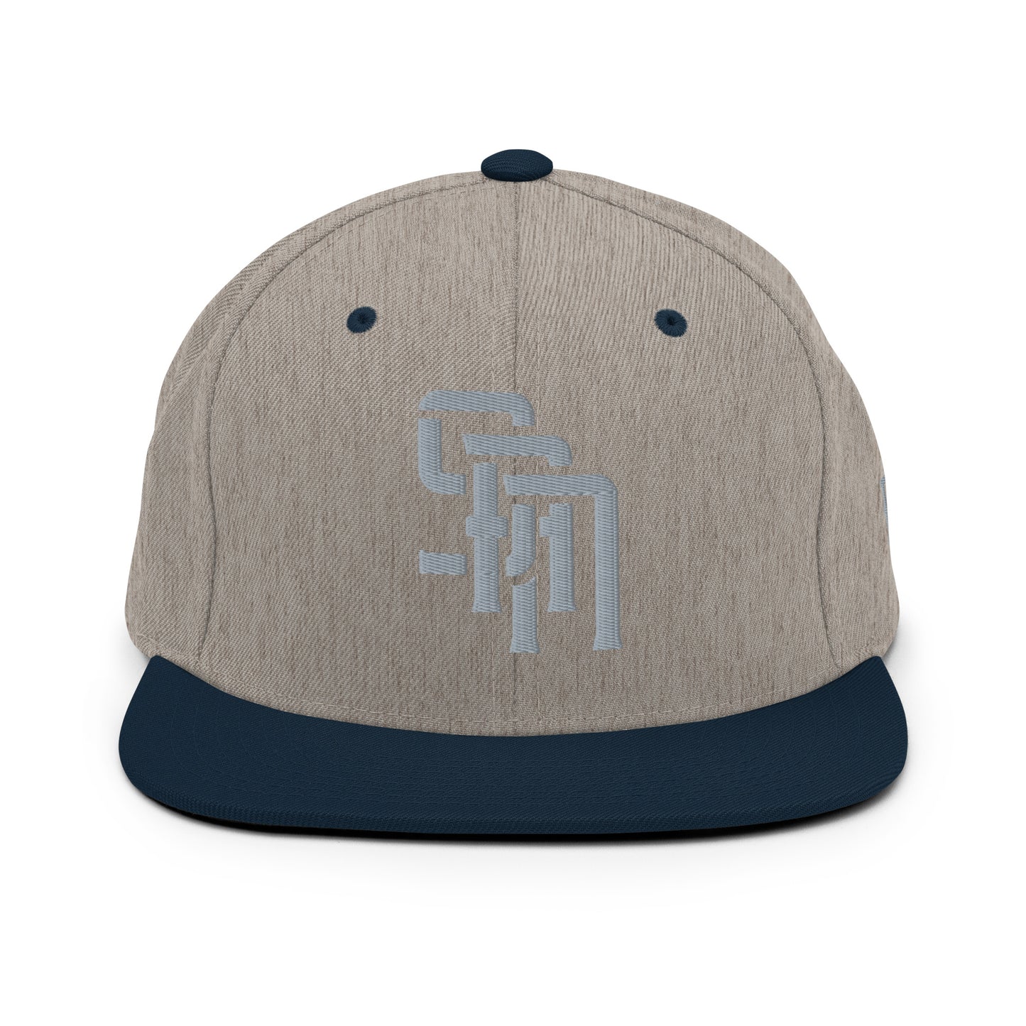 "SAN" Wool Blend Snapback Hat | Yupoong 6089M | E Luna Brand ESSENTIAL Duocrest 2 Grey Thread Logos: Front & Left