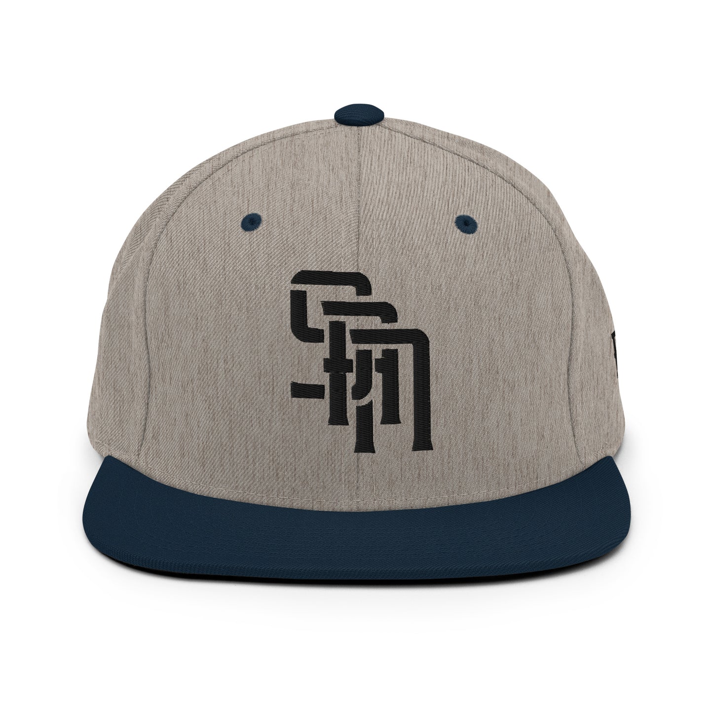 "SAN" Wool Blend Snapback Hat | Yupoong 6089M | E Luna Brand ESSENTIAL Duocrest 2 Black Thread Logos: Front & Left