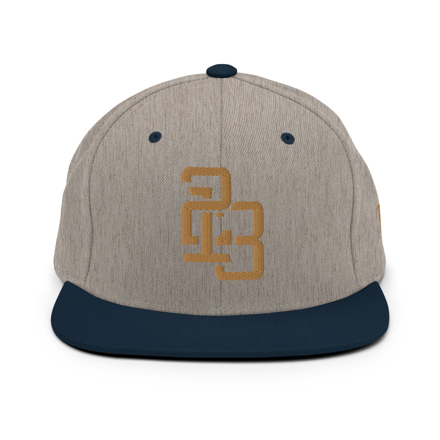 "213" Wool Blend Snapback Hat | Yupoong 6089M | E Luna ESSENTIAL Duocrest 2 Old Gold Thread Front & Left Side Logos