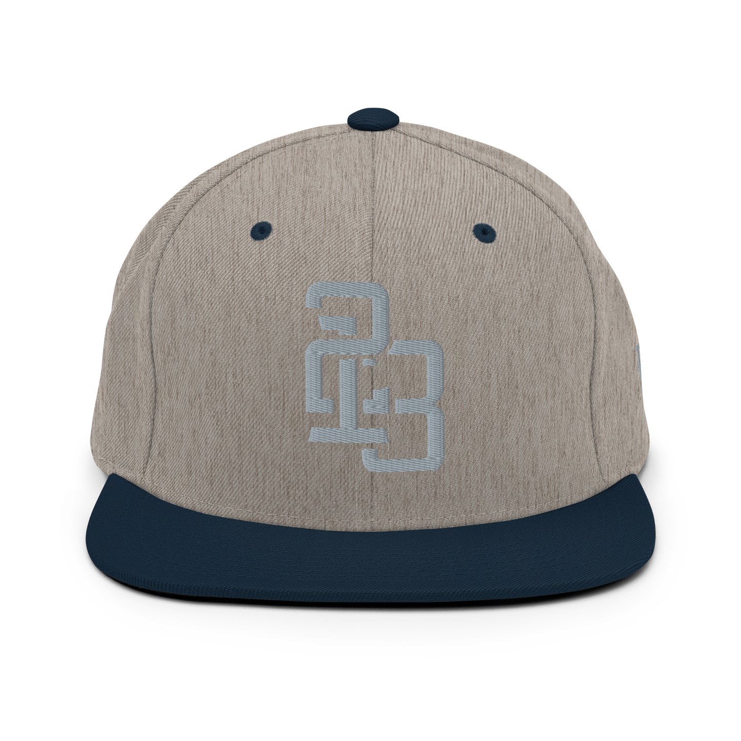"213" Wool Blend Snapback Hat | Yupoong 6089M | E Luna ESSENTIAL Duocrest 2 Grey Thread Front & Left Side Logos