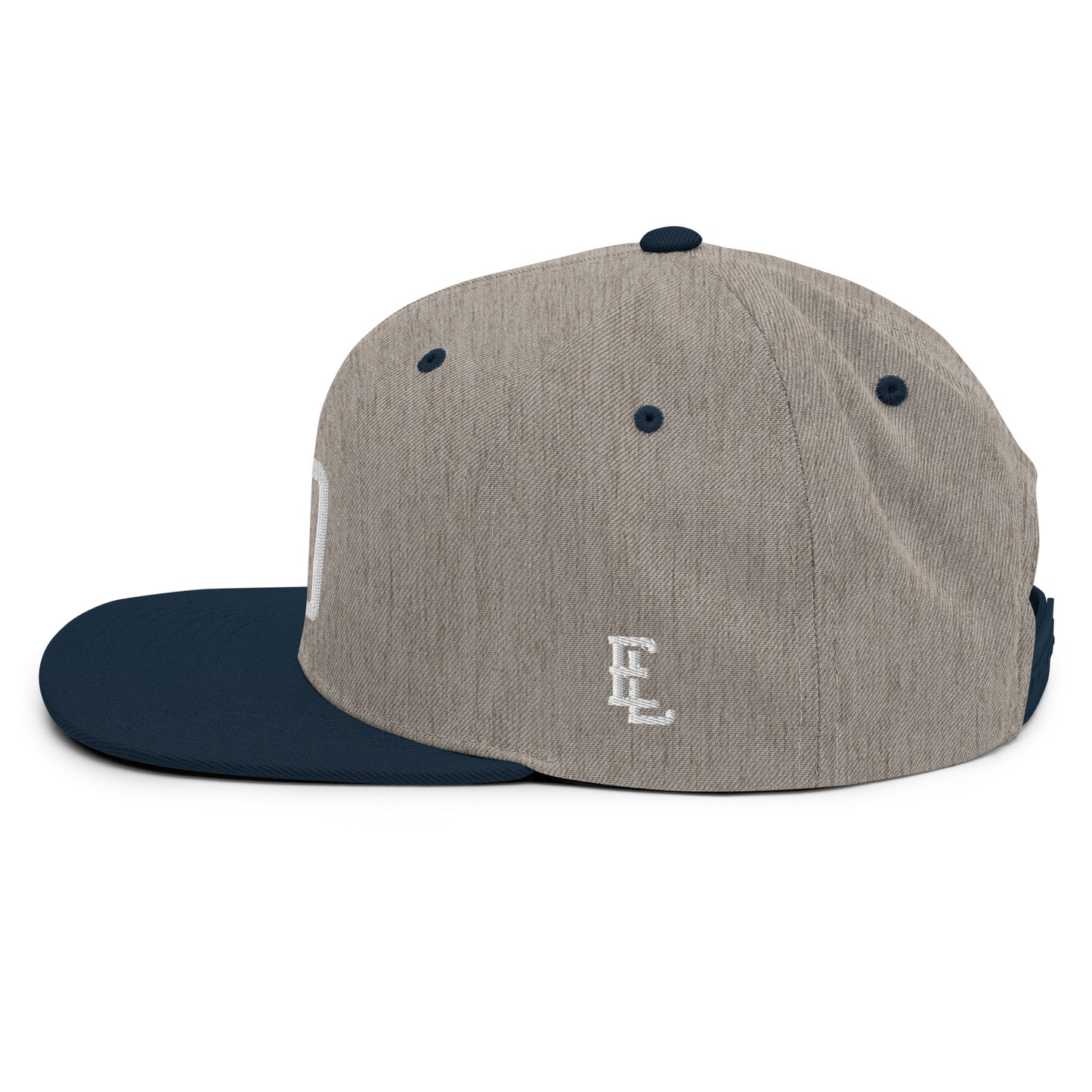 "DGO" Wool Blend Snapback Hat | Yupoong 6089M | E Luna Brand ESSENTIAL Duocrest 2 White Thread Logos: Front & Left