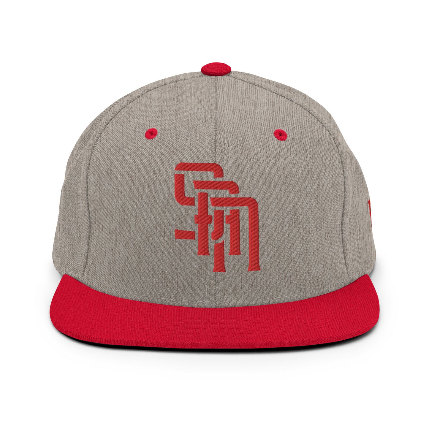 "SAN" Wool Blend Snapback Hat | Yupoong 6089M | E Luna Brand ESSENTIAL Duocrest 2 Red Thread Logos: Front & Left