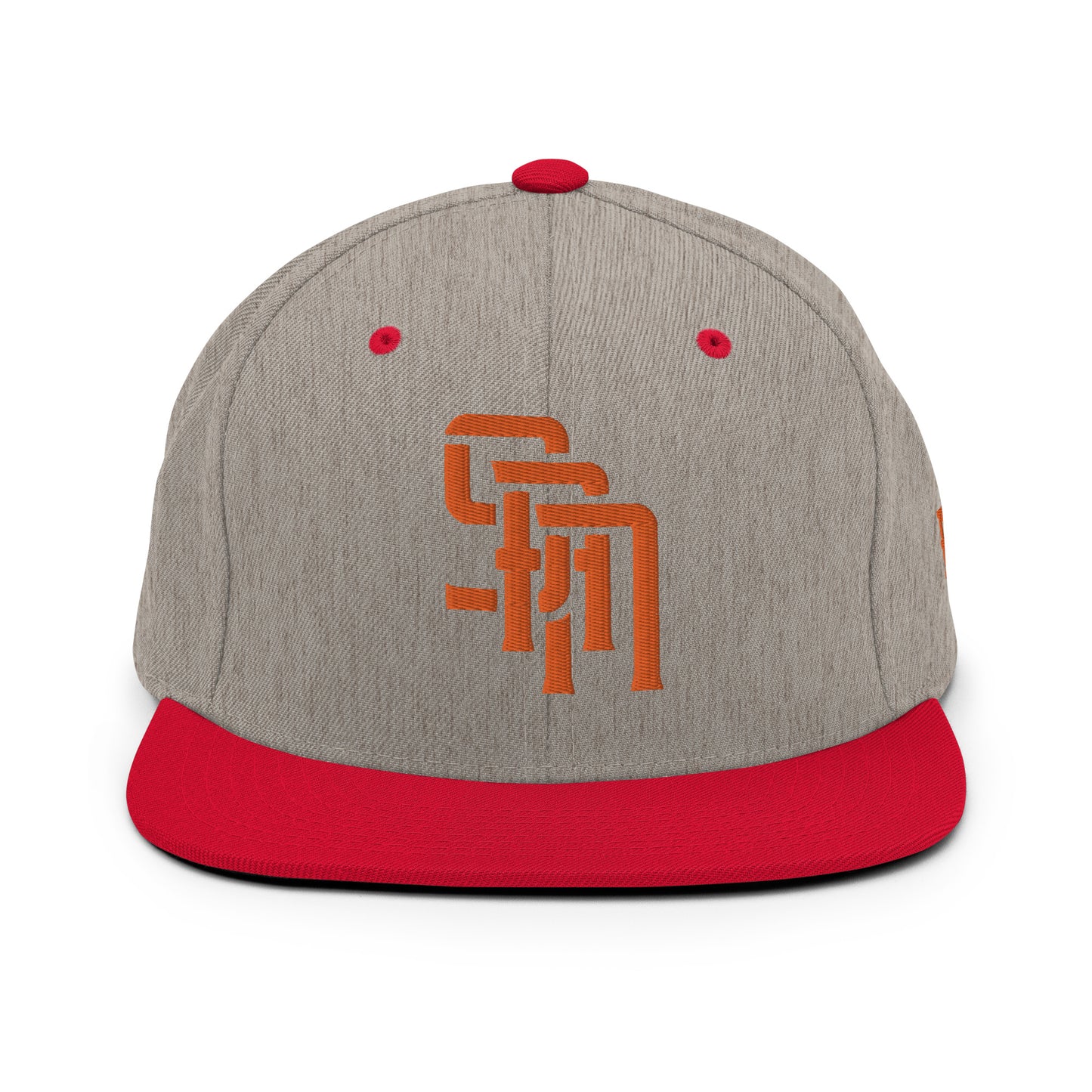 "SAN" Wool Blend Snapback Hat | Yupoong 6089M | E Luna Brand ESSENTIAL Duocrest 2 Orange Thread Logos: Front & Left