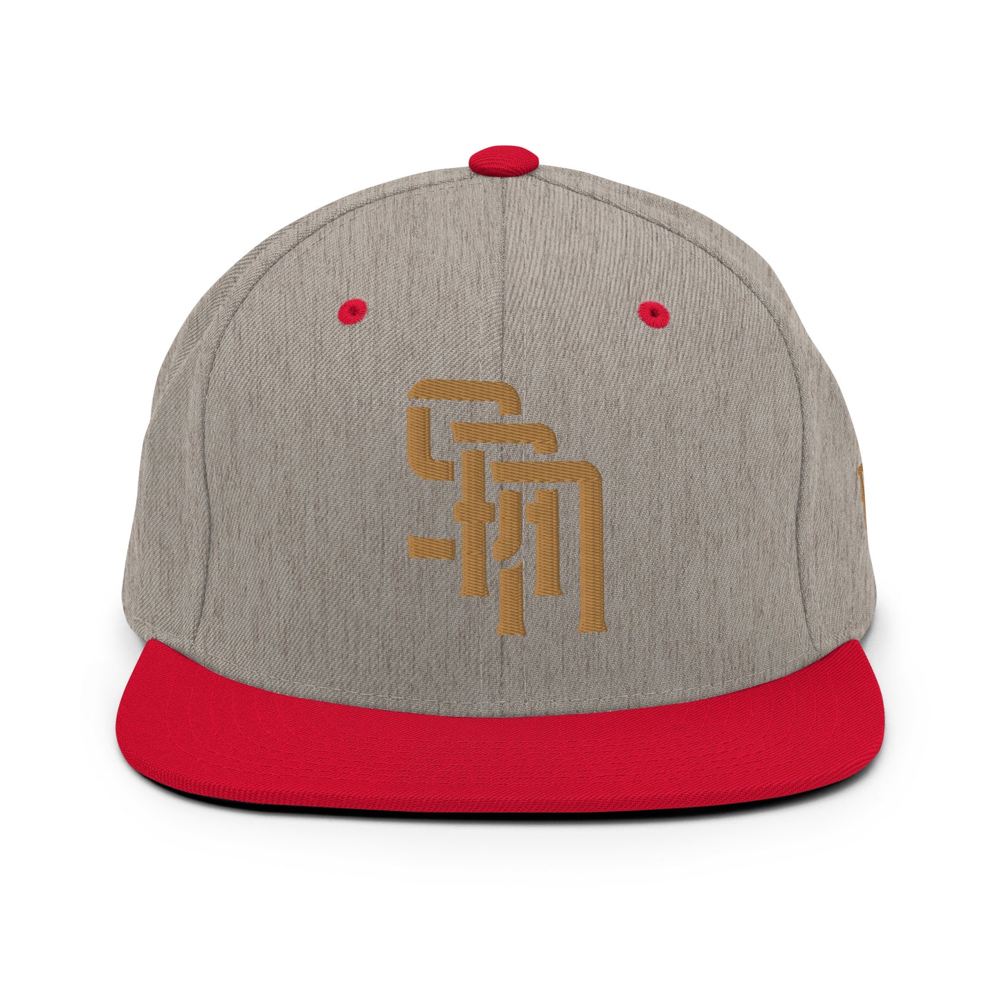 "SAN" Wool Blend Snapback Hat | Yupoong 6089M | E Luna Brand ESSENTIAL Duocrest 2 Old Gold Thread Logos: Front & Left