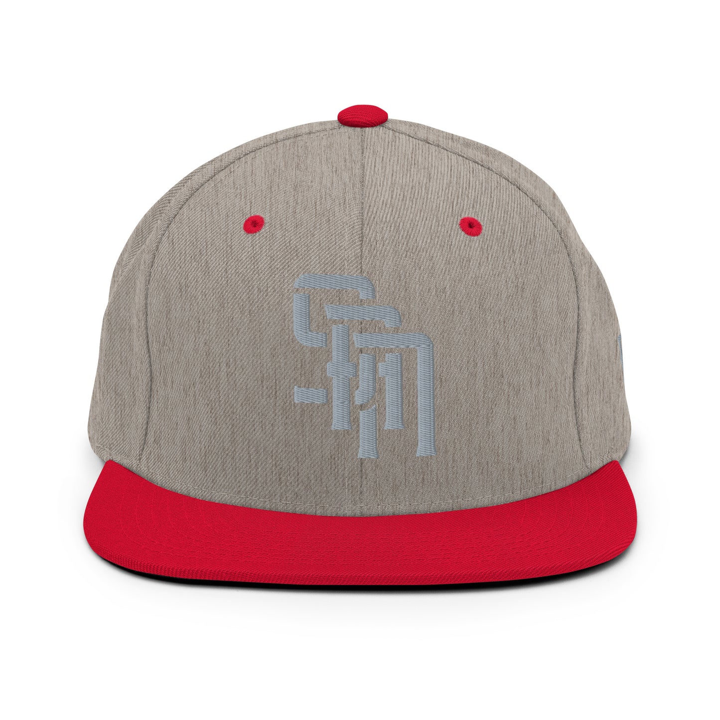 "SAN" Wool Blend Snapback Hat | Yupoong 6089M | E Luna Brand ESSENTIAL Duocrest 2 Grey Thread Logos: Front & Left