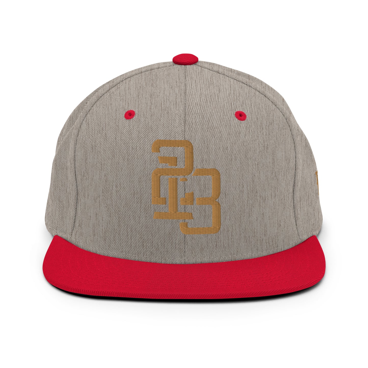 "213" Wool Blend Snapback Hat | Yupoong 6089M | E Luna ESSENTIAL Duocrest 2 Old Gold Thread Front & Left Side Logos