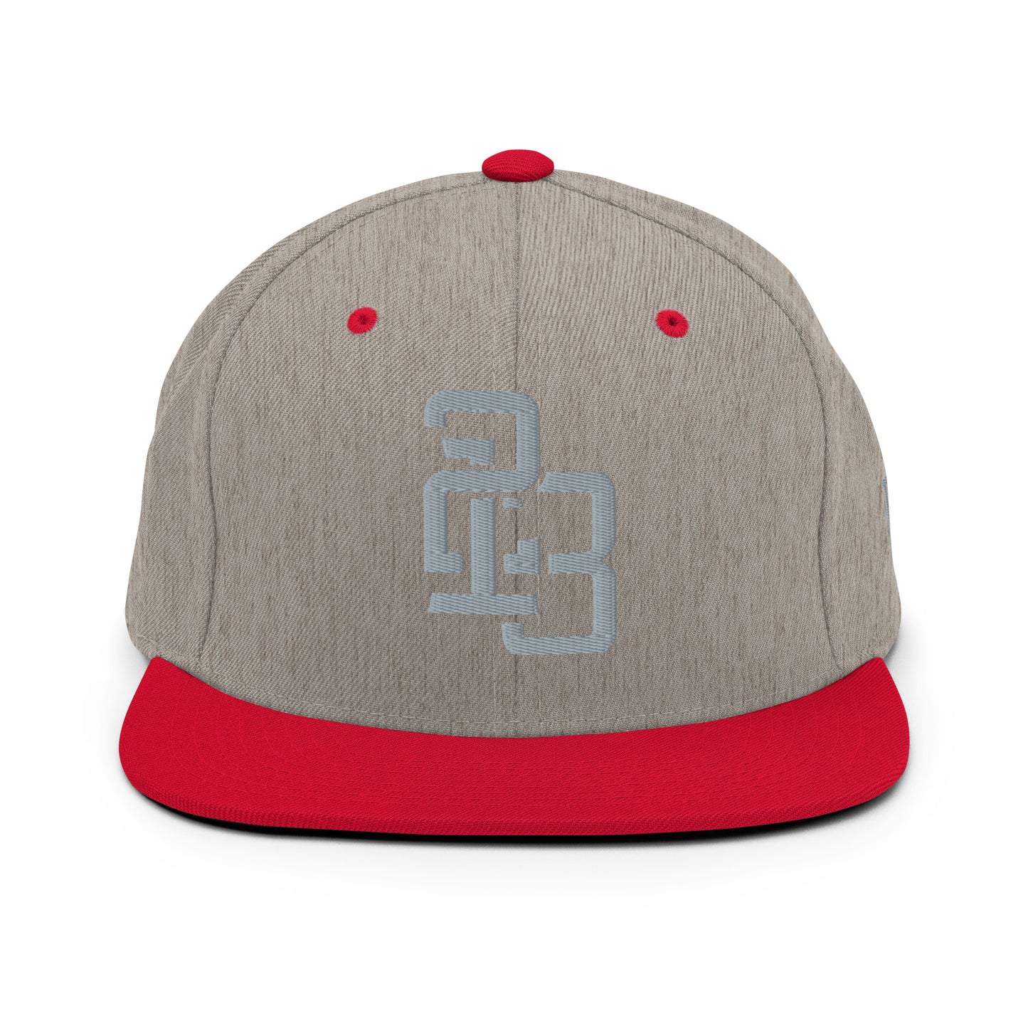 "213" Wool Blend Snapback Hat | Yupoong 6089M | E Luna ESSENTIAL Duocrest 2 Grey Thread Front & Left Side Logos