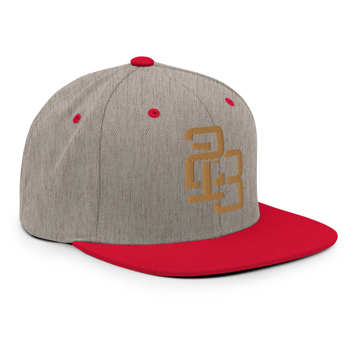 "213" Wool Blend Snapback Hat | Yupoong 6089M | E Luna ESSENTIAL Duocrest 2 Old Gold Thread Front & Left Side Logos