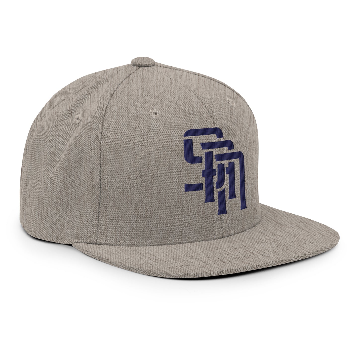 "SAN" Wool Blend Snapback Hat | Yupoong 6089M | E Luna Brand ESSENTIAL Duocrest 2 Navy Thread Logos: Front & Left