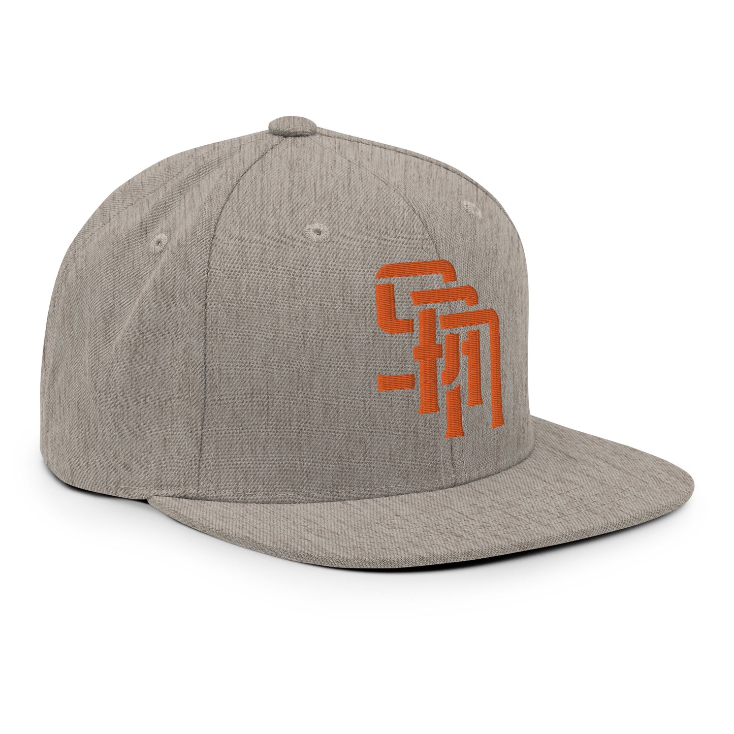 "SAN" Wool Blend Snapback Hat | Yupoong 6089M | E Luna Brand ESSENTIAL Duocrest 2 Orange Thread Logos: Front & Left