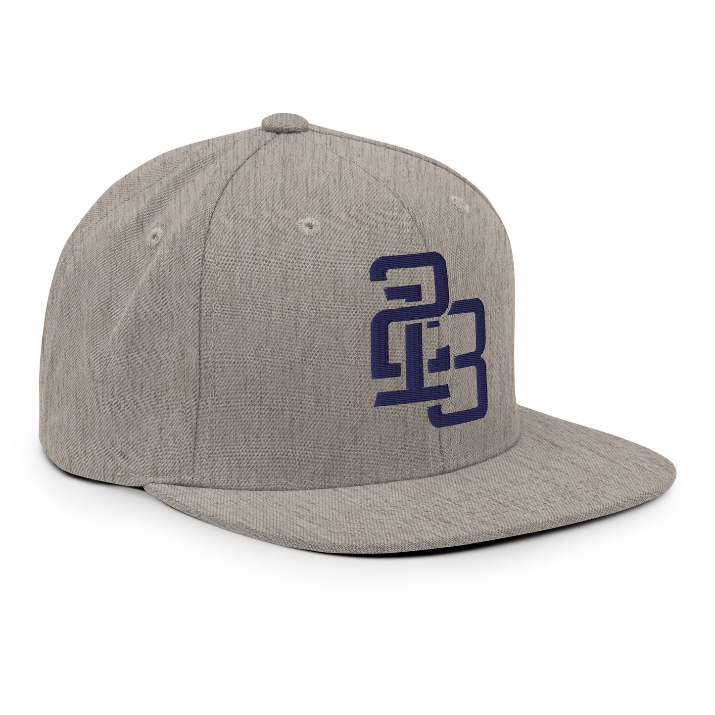 "213" Wool Blend Snapback Hat | Yupoong 6089M | E Luna ESSENTIAL Duocrest 2 Navy Thread Front & Left Side Logos