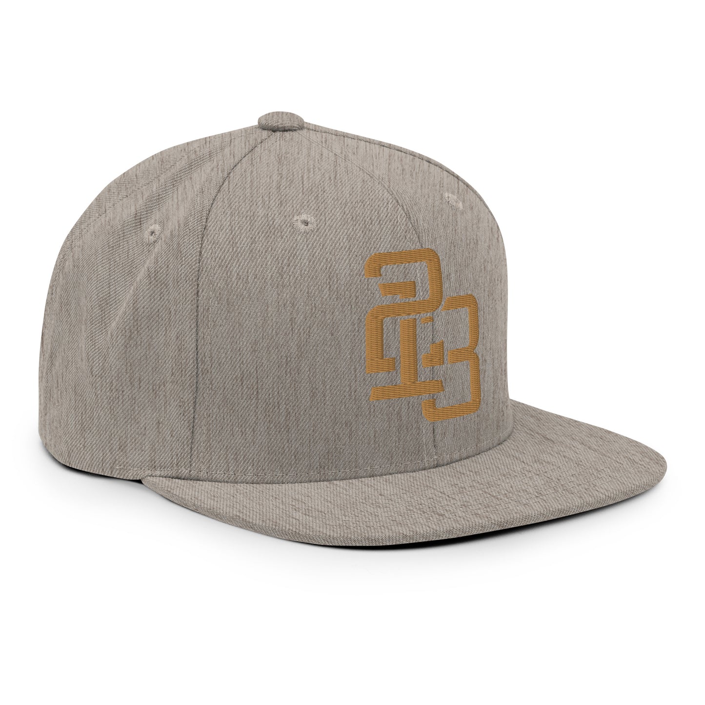 "213" Wool Blend Snapback Hat | Yupoong 6089M | E Luna ESSENTIAL Duocrest 2 Old Gold Thread Front & Left Side Logos
