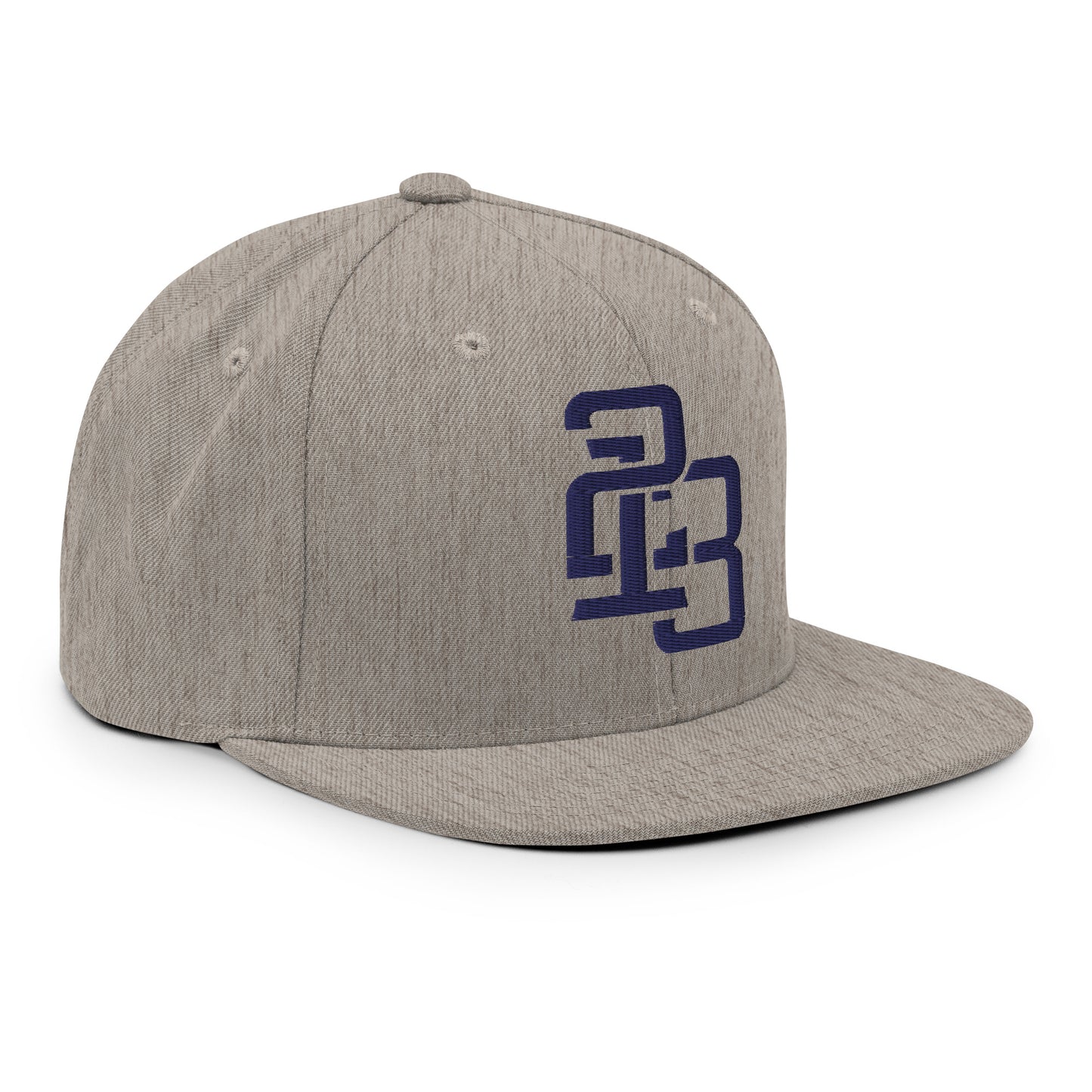 "213" Wool Blend Snapback Hat | Yupoong 6089M | E Luna SELECT Tricrest 3 Navy Thread Front, Left Side & Back Logos