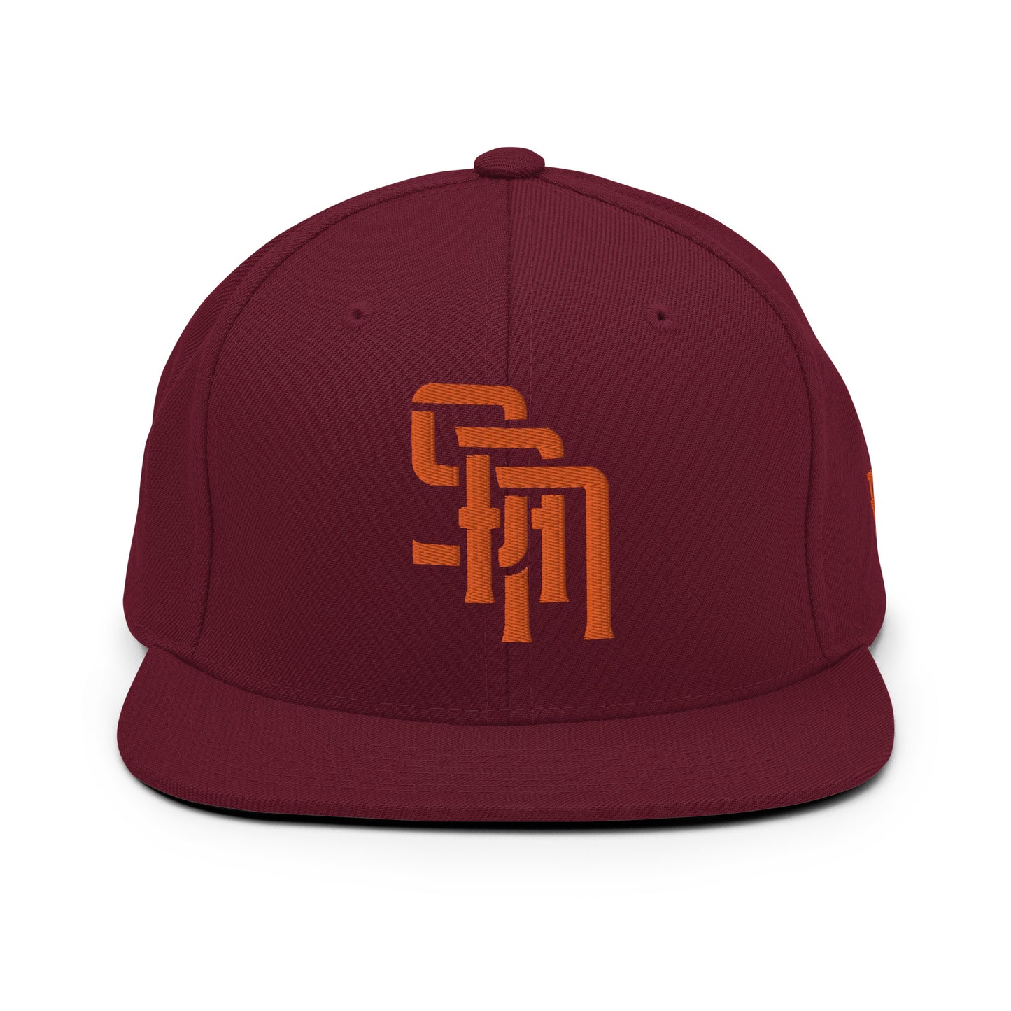 "SAN" Wool Blend Snapback Hat | Yupoong 6089M | E Luna Brand ESSENTIAL Duocrest 2 Orange Thread Logos: Front & Left