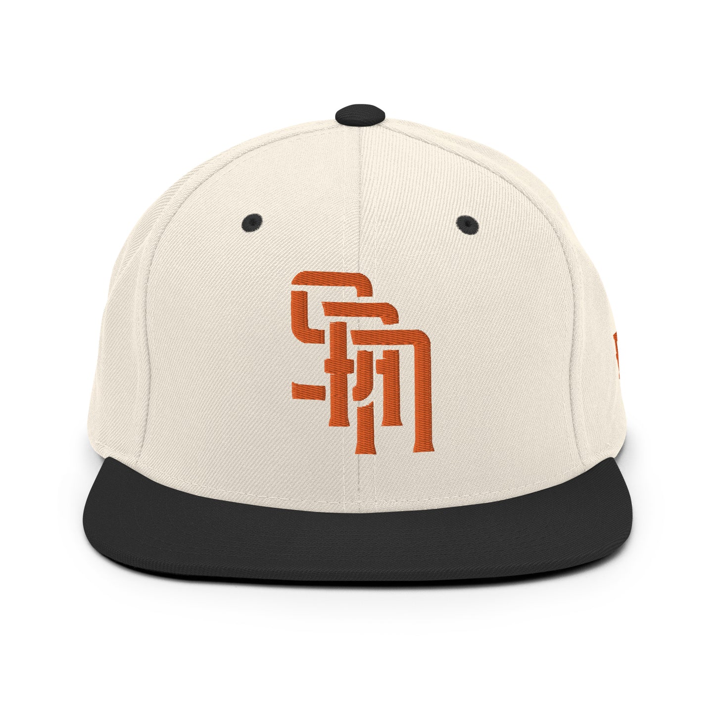 "SAN" Wool Blend Snapback Hat | Yupoong 6089M | E Luna Brand ESSENTIAL Duocrest 2 Orange Thread Logos: Front & Left