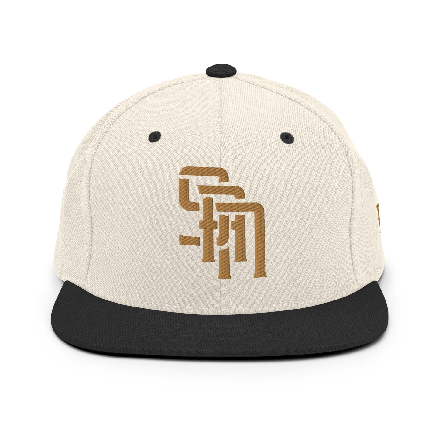 "SAN" Wool Blend Snapback Hat | Yupoong 6089M | E Luna Brand ESSENTIAL Duocrest 2 Old Gold Thread Logos: Front & Left