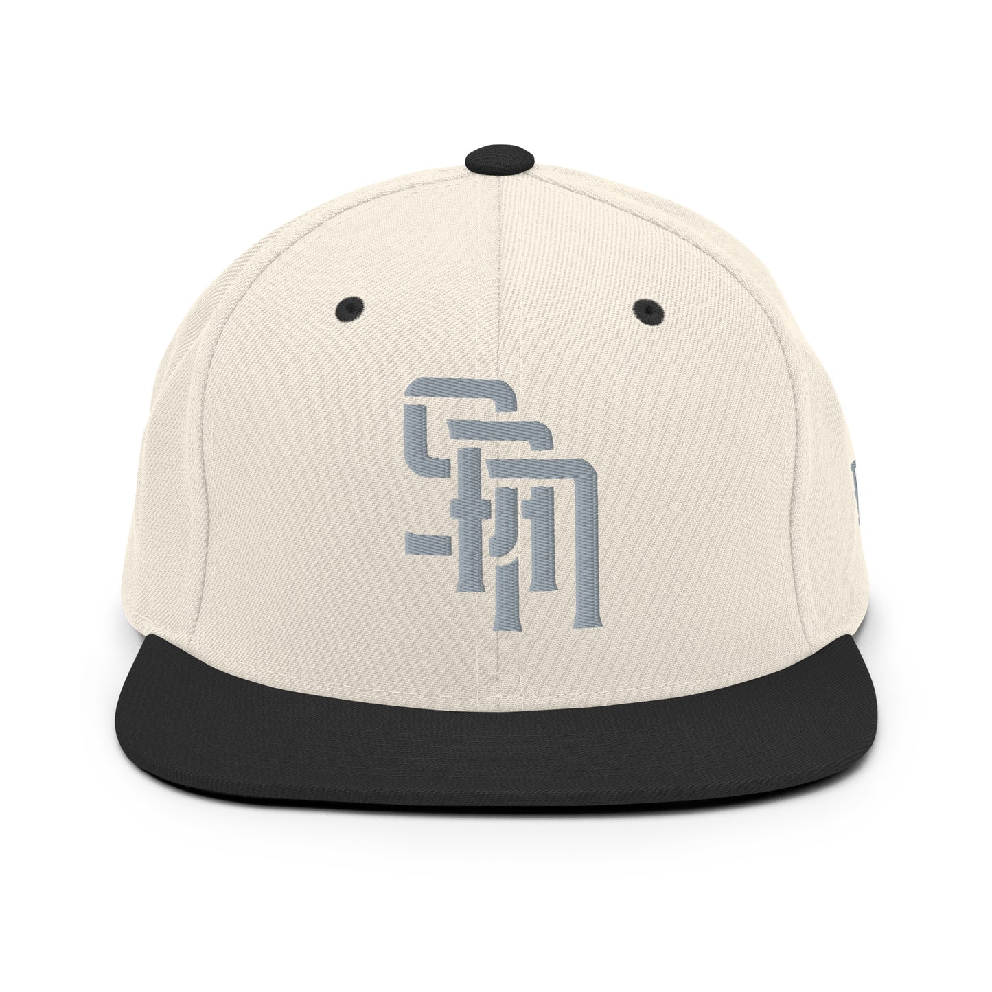 "SAN" Wool Blend Snapback Hat | Yupoong 6089M | E Luna Brand ESSENTIAL Duocrest 2 Grey Thread Logos: Front & Left