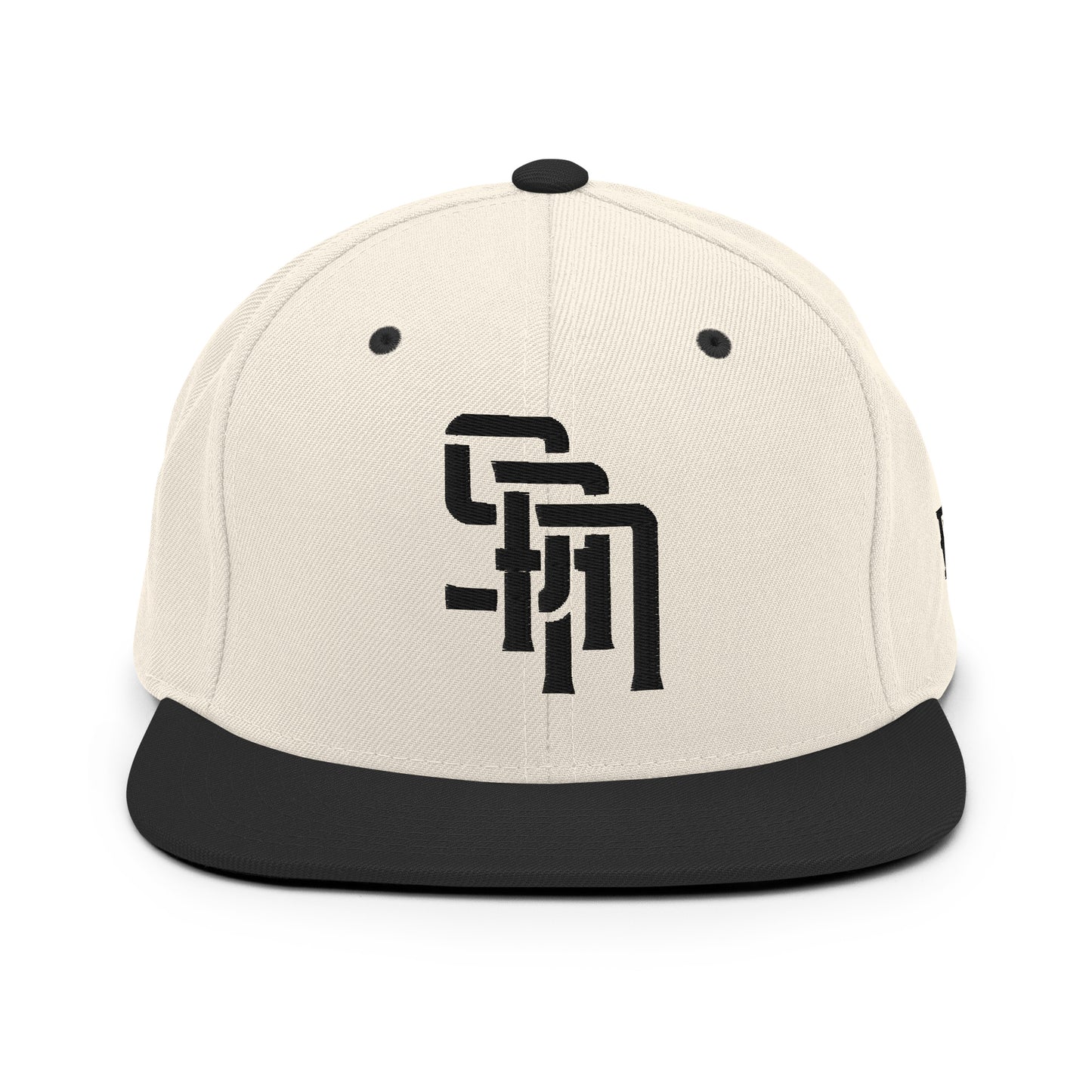 "SAN" Wool Blend Snapback Hat | Yupoong 6089M | E Luna Brand ESSENTIAL Duocrest 2 Black Thread Logos: Front & Left